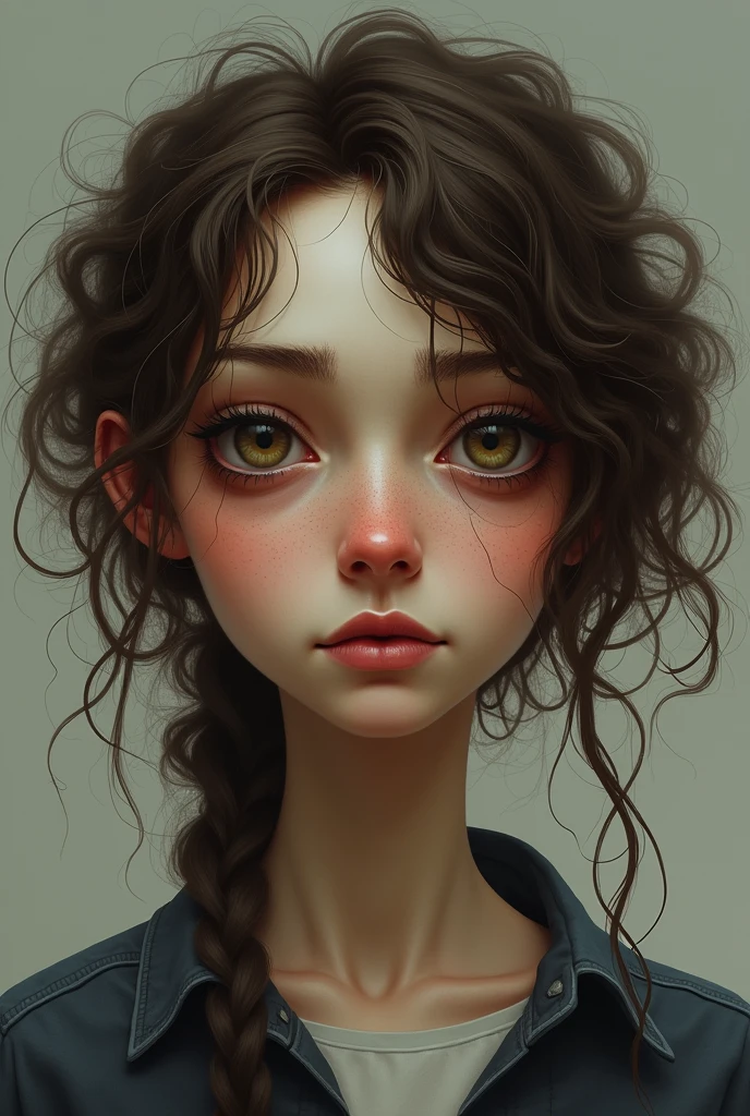 Young brown haired girl, yellow eyes, SHOWING THE FANGS, side view, Realistic style.