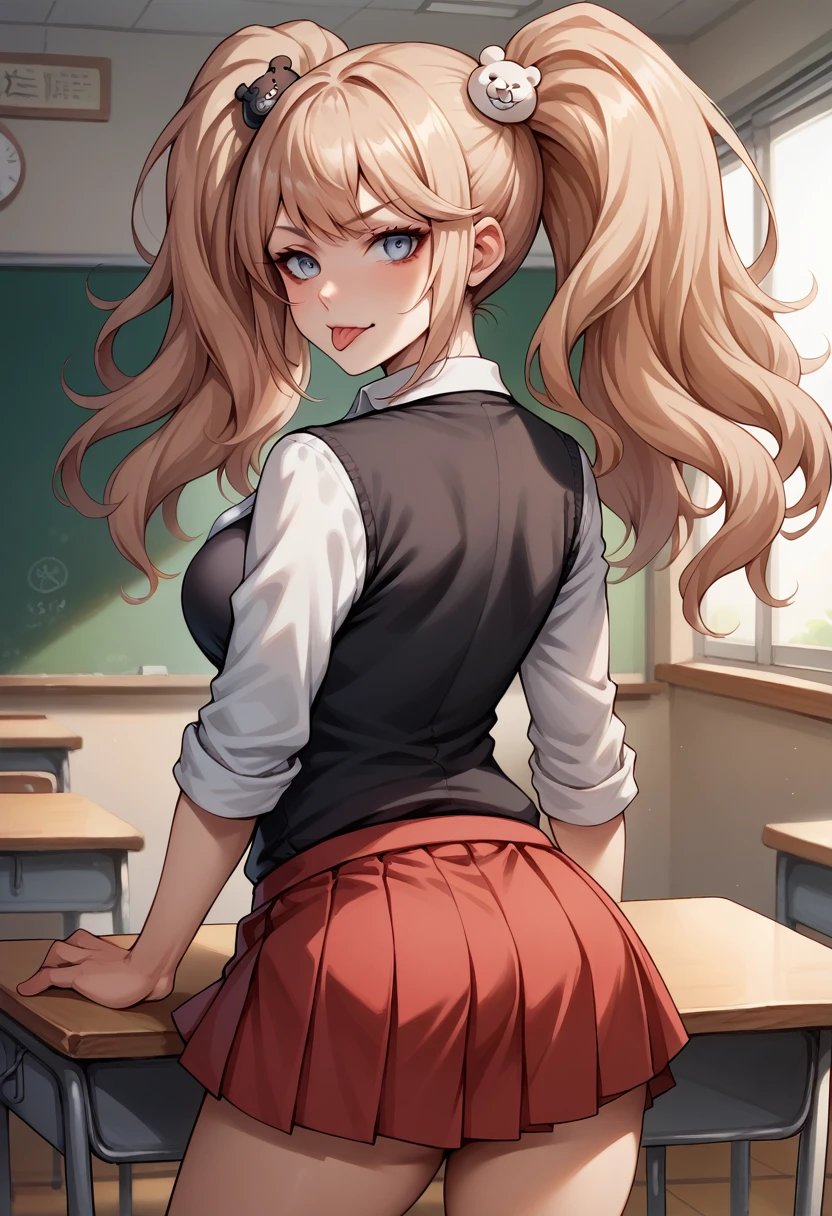 score_9, score_8_up, score_7_up, BREAK, score_9, enoshima junko, tongue out, breasts, twintails, bear hair ornament, school uniform, black shirt, white necktie, red bow, sleeves rolled up, red skirt, choker, looking at viewer, cowboy shot, looking back, from behind, classroom