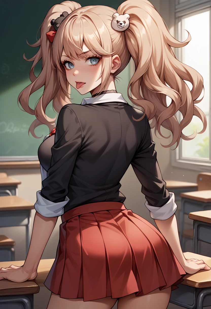 score_9, score_8_up, score_7_up, BREAK, score_9, enoshima junko, tongue out, breasts, twintails, bear hair ornament, school uniform, black shirt, white necktie, red bow, sleeves rolled up, red skirt, choker, looking at viewer, cowboy shot, looking back, from behind, classroom