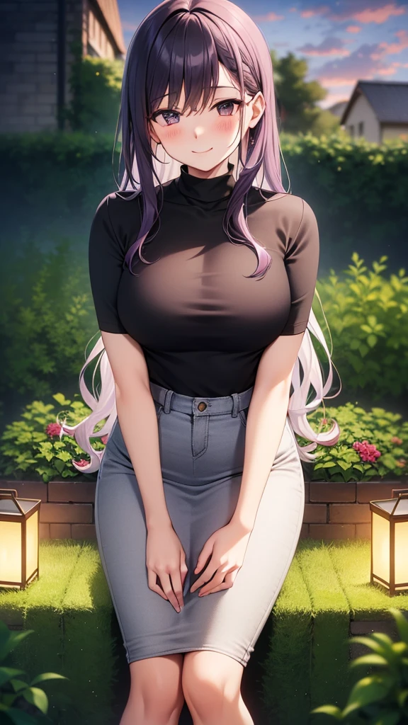 masterpiece, best quality, highres, aarurutie,1girl, white bra, erect nipples, , white tight panties, white suspenders and stockings. standing, garden, smile, open mouth, Long straight purple hair, purple eyes.