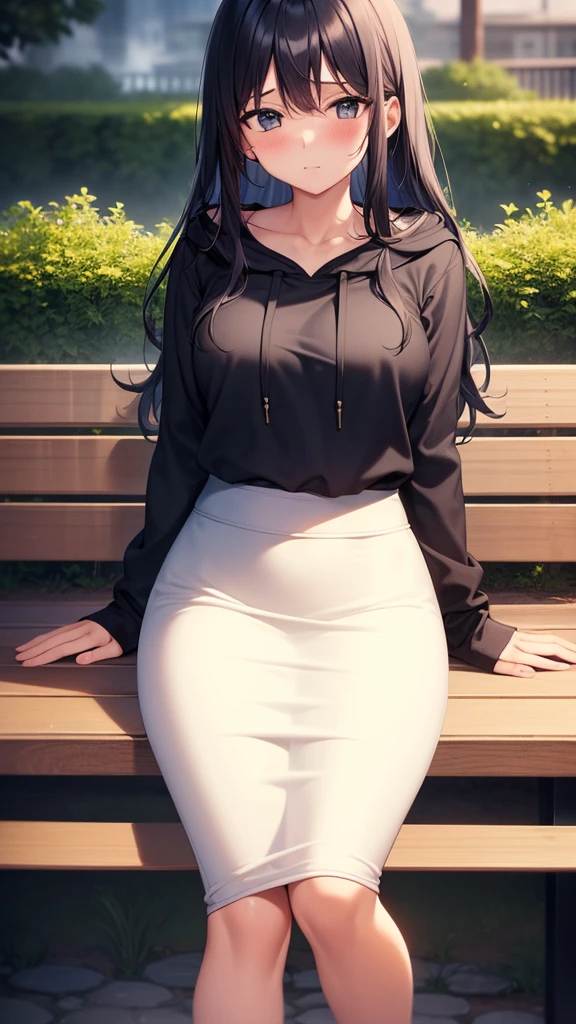 masterpiece, best quality, extremely detail 8k cg, high resolution, 1girl, yuugao, solo, purple hair, long hair, sidelocks, ponytail, brown eyes, perfect eyes, choker, outfit-gls, sweater, high-waist skirt, high heels, perfect ass, huge breasts, forhead protector, outdoors, garden, standing, beautiful face, wide shot photo, full body, from behind