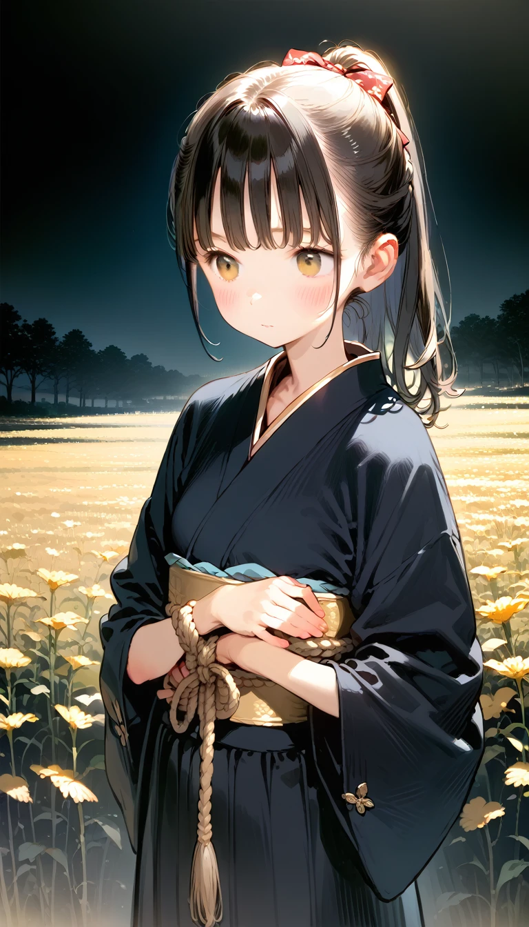 A girl in a kimono with an empty expression stands waist-deep in a wheat field, a black kimono with gold edges, Her hair is tied up in a ponytail, yellow  eyes, The sunset is reflected in your eyes, the light falls on your face, half side to the camera