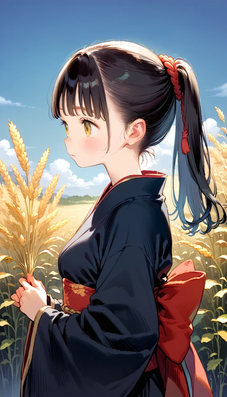 A girl in a kimono with an empty expression stands waist-deep in a wheat field, a black kimono with gold edges, Her hair is tied up in a ponytail, yellow  eyes, The sunset is reflected in your eyes, the light falls on your face, half side to the camera