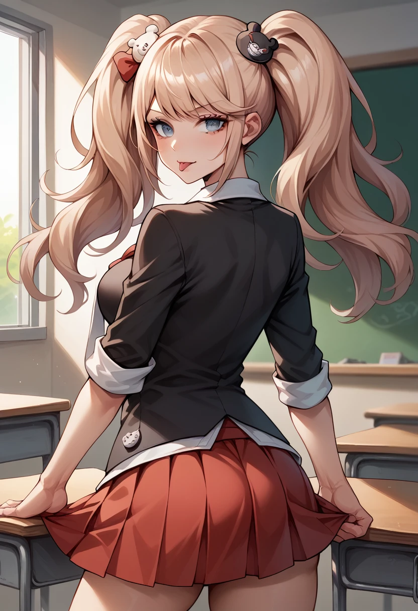 score_9, score_8_up, score_7_up, BREAK, score_9, enoshima junko, tongue out, breasts, twintails, bear hair ornament, school uniform, black shirt, shirt outside, white necktie, red bow, sleeves rolled up, red skirt, choker, looking at viewer, cowboy shot, looking back, from behind, classroom