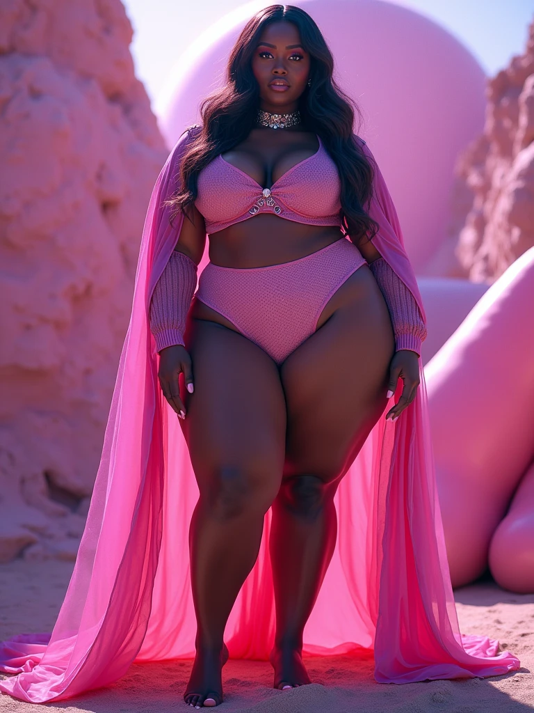 MASSIVE HIPS, MASSIVE BUTTOCKS, translucent (coral coral plastic) leg warmers + garters, UHD, translucent puffy MASSIVE sleeves + short skirt, She's a dark skin melanin Goddess, fair sidewalk, with infinitely small waist, tiny waistline, swanky brunette fade afro, no nudity