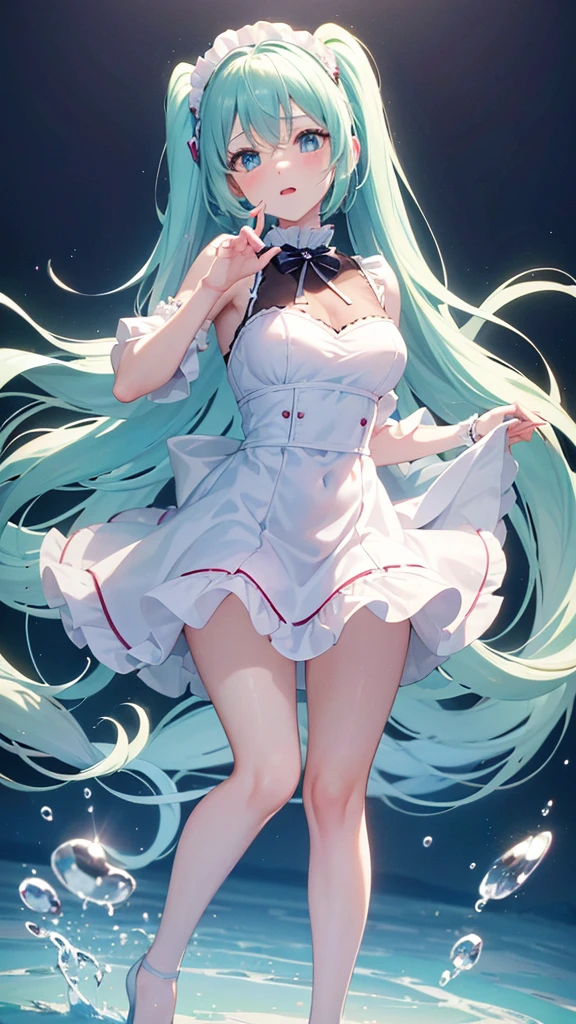 (1 girl),(high quality), (High resolution), (extremely detailed), (8K),(lower body shot),(Hatsune Miku wears panties under her transparent wedding dress),(wearing black knee-high stockings)not wearing shoes,perfect writing,(Beautifully erect nipple shape:1.2),High resolutionの美しい目,(neutral white lighting:1.2),I&#39;m sitting in a windy, different world