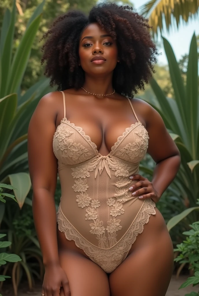 Feminine girl, short black afro hair, dark skin, curvy model (hips, buttocks), perfect anatomy (perfect hands and face), photo studio (lace clothes), professional photography, sitting, blue background, makeup, lights, close up focus, curvy model, real, skin texture, canon camera focus, RAW photo