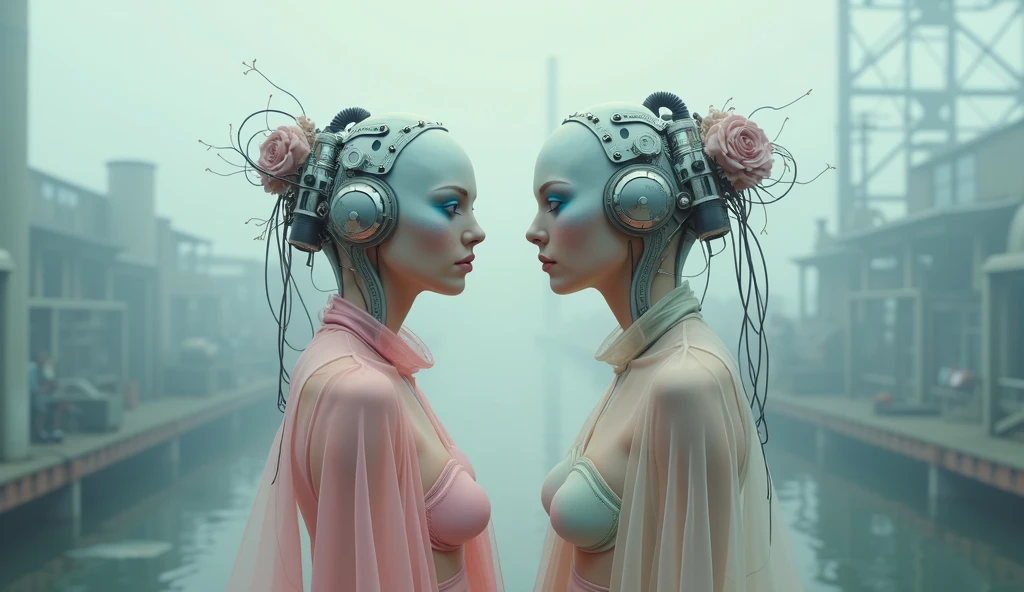 (masterpiece:1.2, Exceptional Quality, mirror-like, Cinematic Experience, Photorealistic:2.0, RAW Photos:2.0, Super detailed), 8k, 16:9, wallpaper, (Surrealistic cyberpunk atmosphere:2.0), two figures wearing translucent, pastel-colored outfits, (industrial, retro-futuristic helmets with exposed wires and delicate tubing:2.0), (foggy, dystopian cityscape in the background:2.0), (soft, diffused lighting:2.0) casting subtle shadows, (monochromatic color palette with muted pinks and blues:2.0), the scene is filled with a surreal blend of softness and harsh industrial elements, (ethereal and eerie atmosphere:2.0), (figures standing side by side with a sense of eerie calmness:2.0).