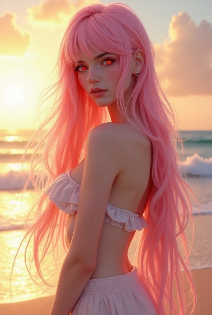 (fondo:Luna rosa, cielo rosa, Nubes rosadas suaves, Bright pink ocean waves, chispeante, Rosas rosadas en Pink Ocean, fantasy, diamante, corona, universo, Luces suaves),girl on a beach,2b sitting,