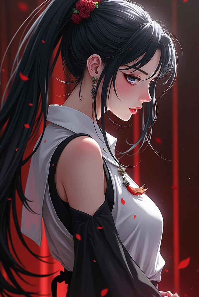Tall girl Red eyes Dark hair Ponytail with fringe Front face 