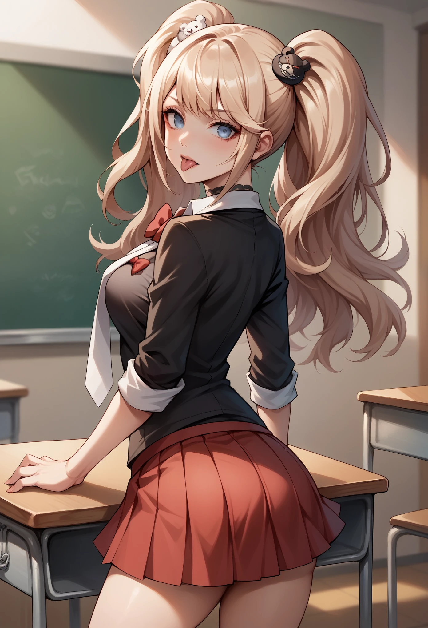 score_9, score_8_up, score_7_up, BREAK, score_9, enoshima junko, tongue out, breasts, twintails, bear hair ornament, school uniform, black shirt, white necktie, red bow, sleeves rolled up, red skirt, choker, looking at viewer, cowboy shot, looking back, from behind, classroom