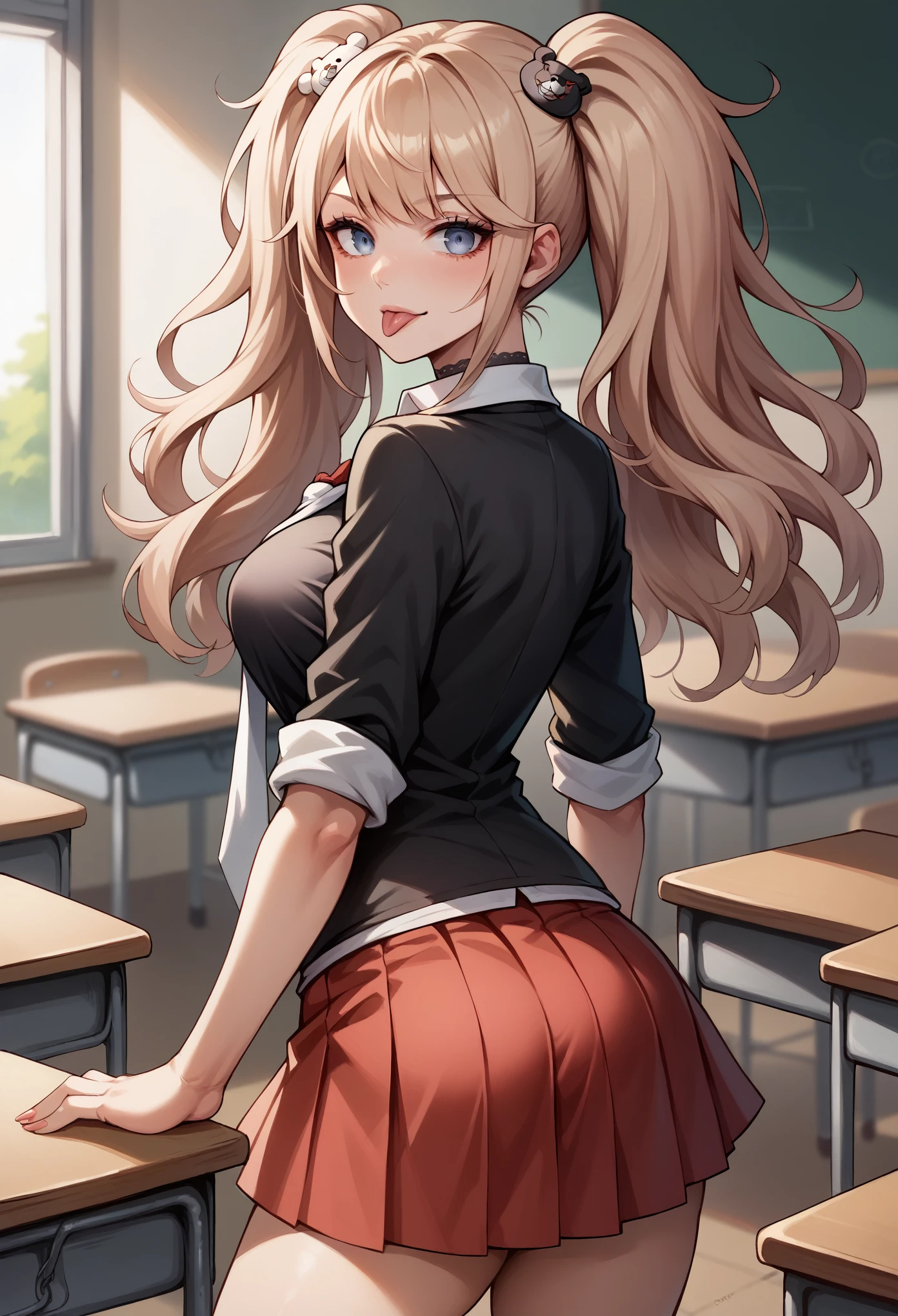 2d, masterpiece, best quality, anime, highly detailed, cowboy shot, 1girl, solo, monika, green eyes, very long hair, ponytail, school uniform, kneeing, leaning forward, arms behind back, smile, blushing, classroom, black stockings, black shoes. looking back, ass