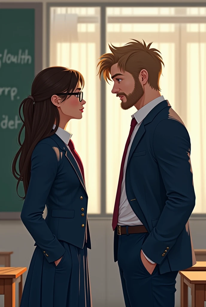 High waisted schoolgirl, Black latex leggings in classroom being hugged by older teacher from behind