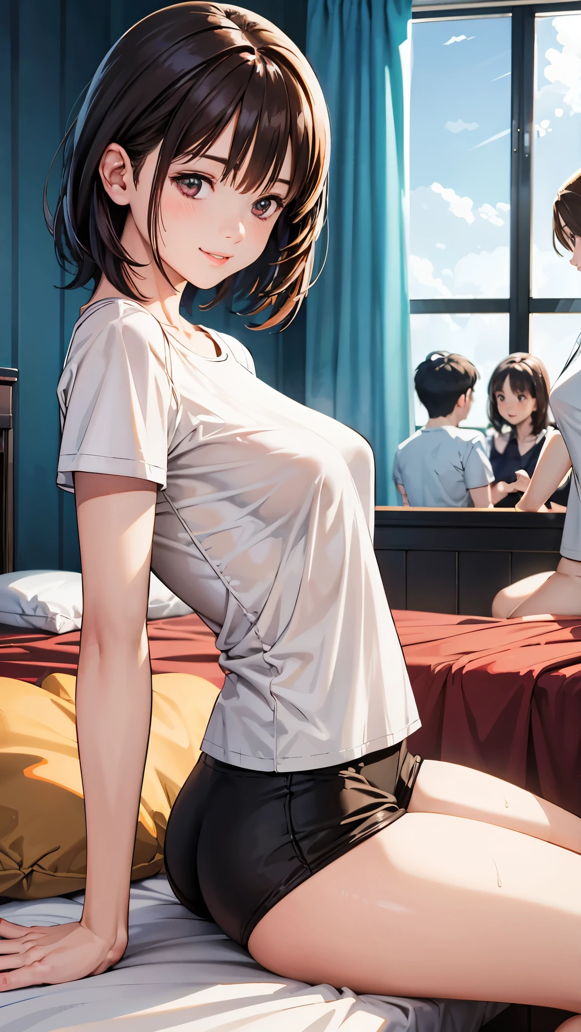(1 female), short bob, 18 years old, Japanese, brown eyes, brown hair, slim, (flat chest), high school girl, classroom, see-through T-shirt: 1.5, (mint green bra: 0.6), bra visible through clothes,