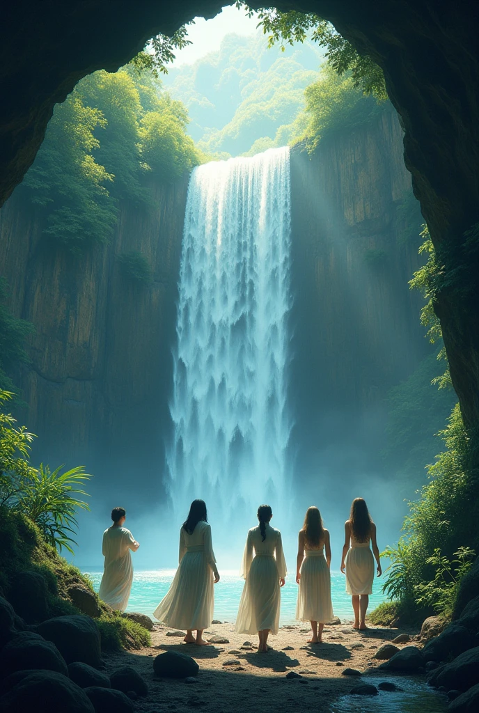 The waterfall conveys the natural fantasy landscape of the four adventurers Fairy Green, Golden Ratio, Animation details, Beautifully, QuixelMegascans Trends, Perfect image, Ultra-high resolution, Perfect composition, detailed, Super color, (High Detail Skin: 1.2), 8k ultra high definition, SLR camera, Soft lighting, high quality, Film Grain, Fuji XT3