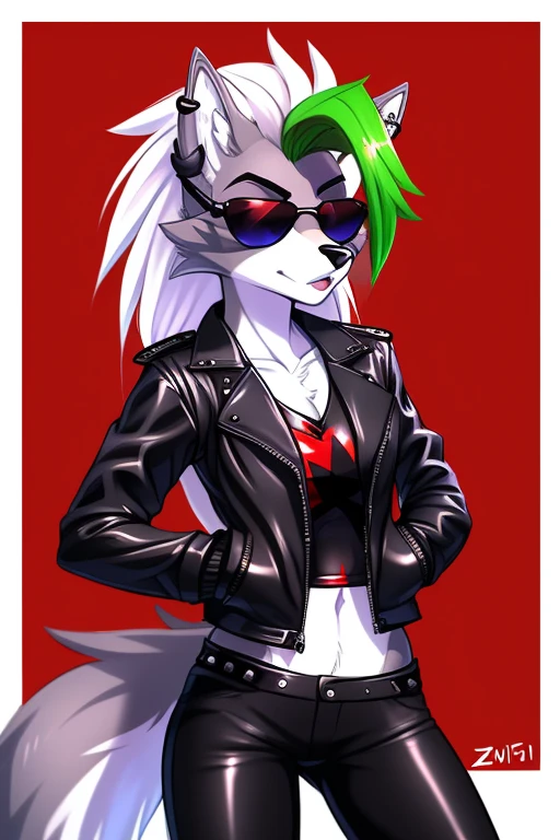 By zinfyuu on pixiv,by twistedscarlet60, uploaded on pixiv, by fluff-kevlar, (masterpiece), (best quality), (anthro furry:1.3, snout:1.2, anthro:1.3, furry:1.2, solo female:1.2), (extremely detailed:1.3), tall slim body, grey fur, roxanne, roxanne wolf, (black leather jacket:1.5), black jacket, leather jacket, black leather pants, (black pants:1.3), leather pants, (sunglasses:1.2), rectangular sunglasses, dark sunglasses, dark glasses, black sunglasses, serious face, 