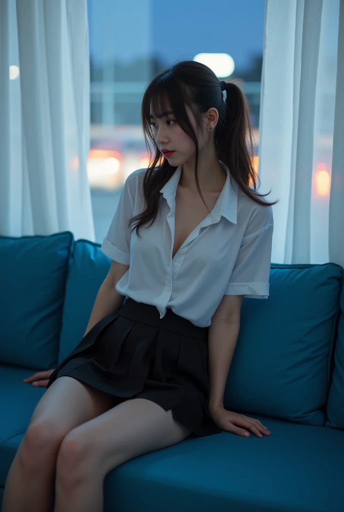 One woman（12 years old）、Shyly smiling、Long, blue hair、Thin glasses、White clothes、See-through shirt、ribbon、Short pleated skirt、Pink underwear、loose socks、Inside a skyscraper office at night、Spread your legs