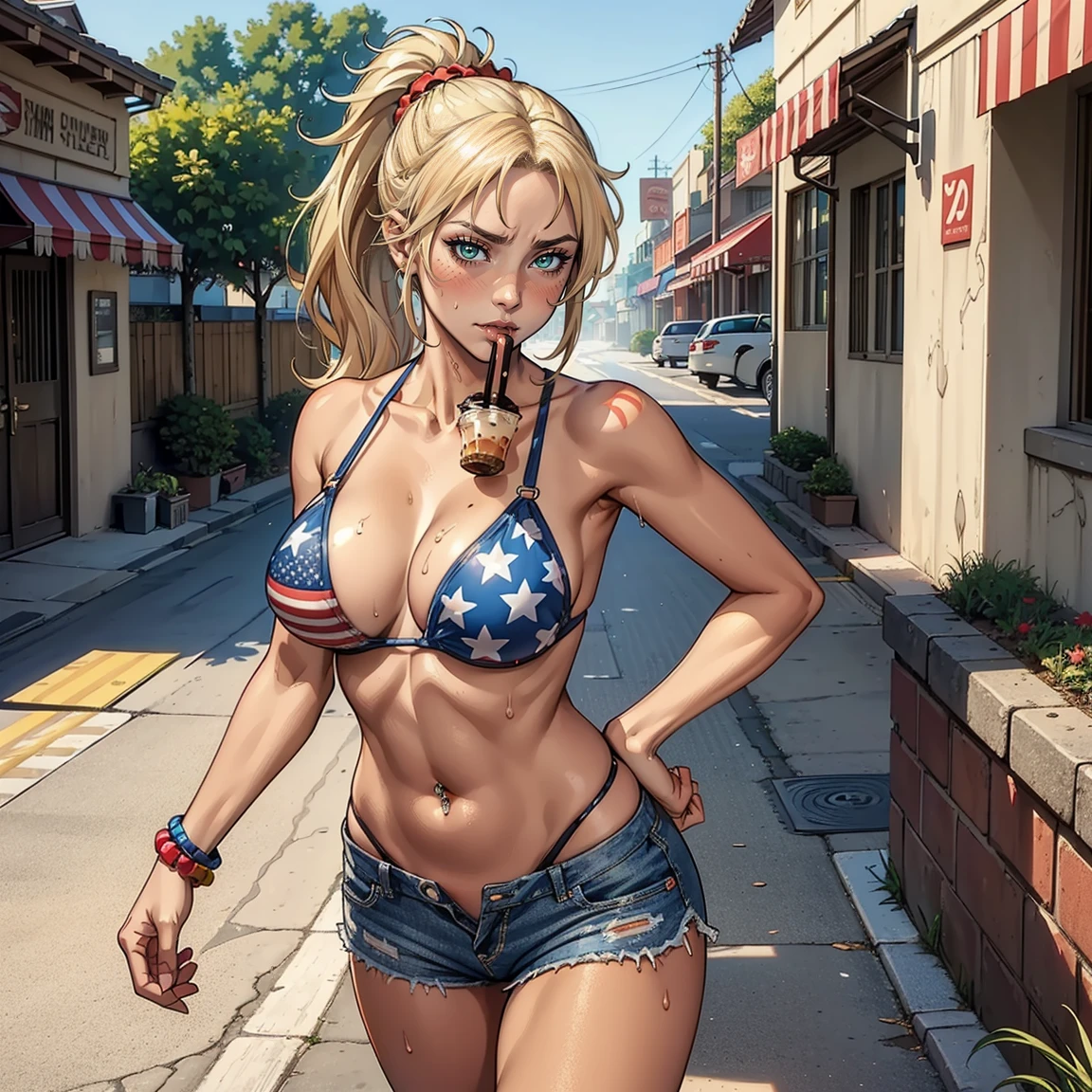 score_9, score_8_up, score_7_up, blonde hair, outdoors, mud, seductive, (large teardrop breasts:1.2), looking at viewer, hands between legs, bright particles, darkness, bright red particles, mudg1rl, baseball cap, backwards hat, sunglasses, american flag bikini, denim shorts, mud on thighs, solo, high contrast, female silhouette, 1girl, delicate and smooth skin, blush, perfect body, thighs, highly detailed, glossy lips, squatting, spread legs, playful concept art expressiveh, gwentstyle full body (NSFW breasts), hdri, extremely naked, nude, nua, pelada, nsfw, gigantic breast 1.9