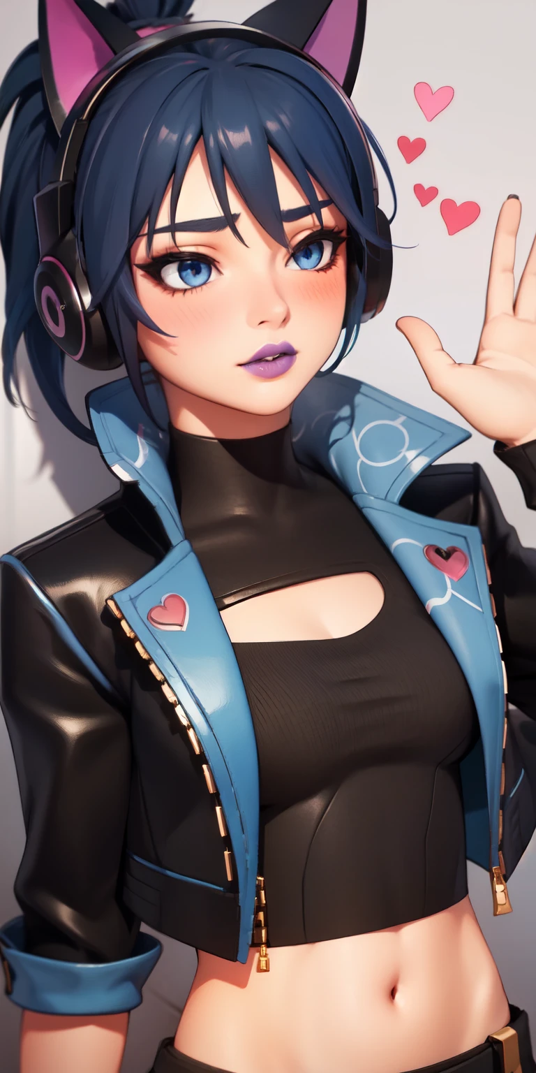 1girl,blue hair, ponytail, short hair, blue eyes, eyeshadow, (blush:1.1),upper body,heart,(speed lines:1.1),medium breasts, love, heart, black jacket, jacket crop top, navel, cat ears headphones, black crop top, purple lips, pov, kiss, Kabedon pov