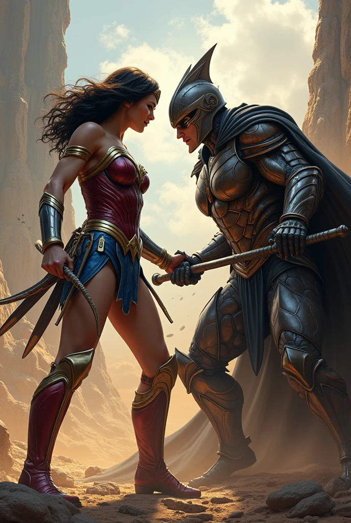 A beautiful woman with her head completely shaved wearing the Amazon warrior Wonder Woman costume on her knees begging for forgiveness next to her a beautiful woman standing holding Wonder Woman by the neck with black skin under the cloak of the Amazon warrior Wonder Woman blood around her strong and bloody images