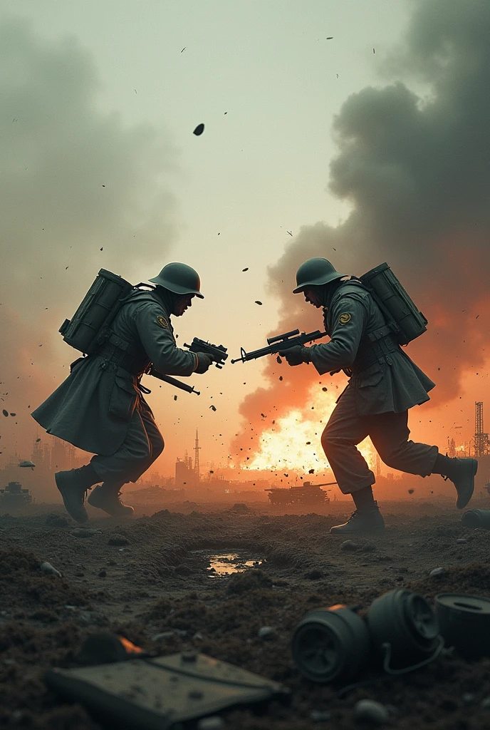 On the battlefield, a man in a Russian army suit holds a violin over his shoulder and his face is covered by goggles and a mask，Two-dimensional style