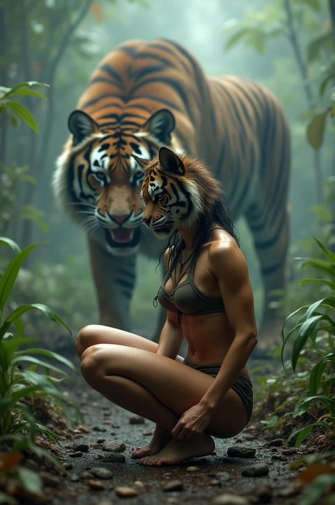 Bikini girl  and white  tiger, Magnificent white tiger with a beautiful girl,  dark  green forest background. Cinematic 