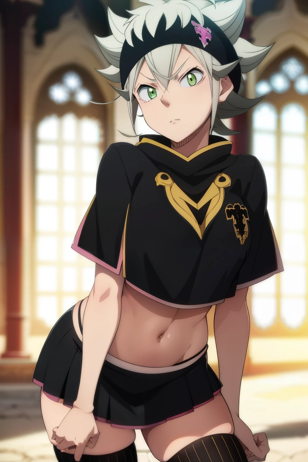 Anime style. Female version , Asta , white hair , green eyes ,pink lips ,beautiful , medium breasts, black bull manto , mini-skirt, ribbed thighhighs
