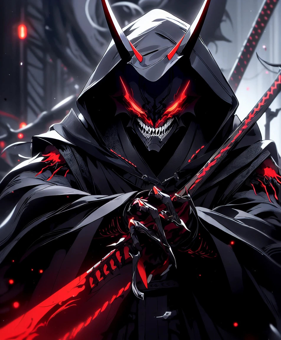 a close up of a person in a hooded robe with a knife, villain wearing a red oni mask, beautiful male god of death, dangerous mephisto from faust, evil grin, sith lord, he's very menacing and evil, benedick bana, demon samurai, portrait of the god of death, reaper from overwatch, the reaper as a scary
Готовится 
