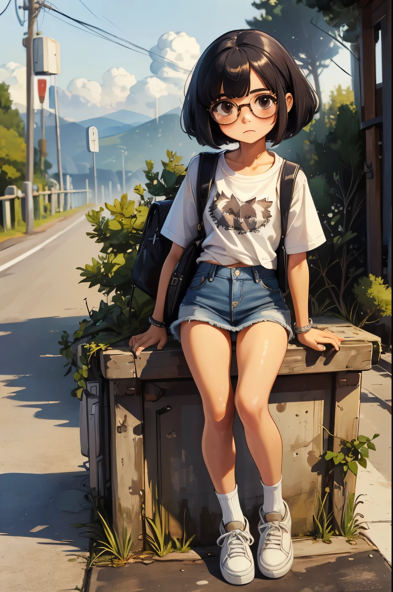 (masterpiece, Highest quality, Very detailed),One ， alone，Very short stature，，White oversized t-shirt，Denim mini skirt and sneakers，school bag，Black Hair，Grunge Messy Wolf Haircut，Stylish glasses，iris，(blush)，Female dog，Oil，Impressionism，