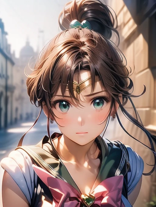 (Close-up of a woman)、((Depiction of only the upper body))、10 generations of women、Pink Lip Gloss、smile、blush、(Open the lipstick a little、High resolution、16K))、Medieval city、Perfect cosplay of Sailor Jupiter