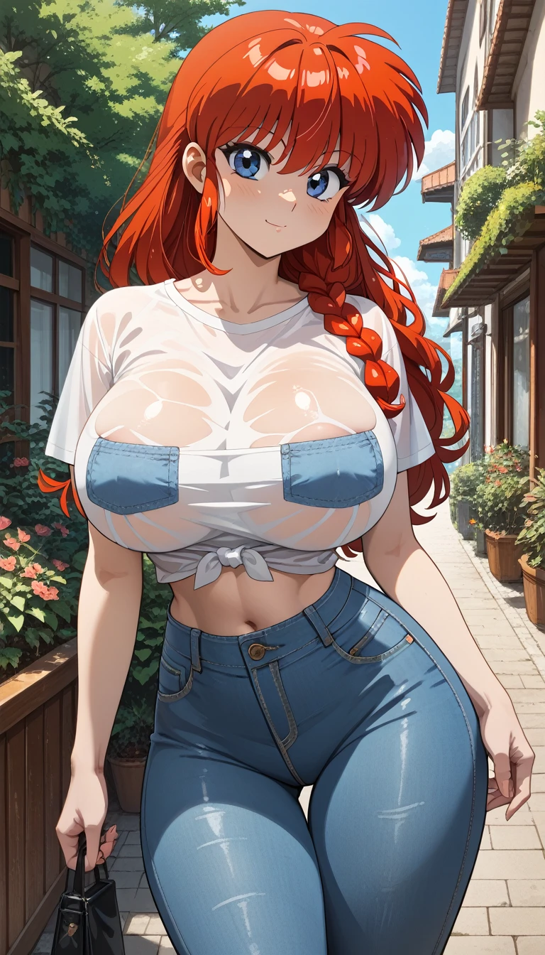 (ranma chan) (ranma saotome)(1solo)(1girl)((Solo)) ((Masterpiece)) ((High Quality)) (slim thick)((Perfect Face)) ((Huge Breasts)) ((Wide Hips)) ((Narrow Waist)) ((Beautiful)) ((Redhead)) ((Long Hair)) ((Light Skin)) ((Cute Nose)) ((BLue Eyes)) ((Young)) ((Transparent Tee Shirt)) ((Jeans)) Anatomically Correct, a perfect body sexy beautiful girl with huge breast and huge ass (thick thigs:1.3)(Large breast:1.2)