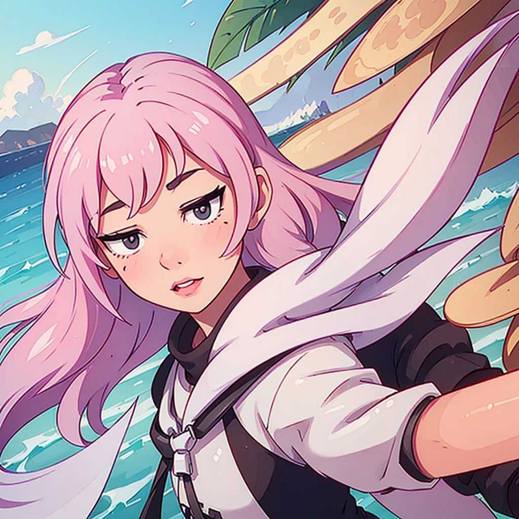 1girl, beautiful anthro woman, long pink fur, detailed facial features, detailed eyes, detailed lips, long eyelashes, anthro animal friends, taking a selfie, swimming suit, palm trees, sunny beach, ocean horizon, (best quality,4k,8k,highres,masterpiece:1.2),ultra-detailed,(realistic,photorealistic,photo-realistic:1.37),HDR,UHD,studio lighting,ultra-fine painting,sharp focus,physically-based rendering,extreme detail description,professional,vivid colors,bokeh,portrait photography