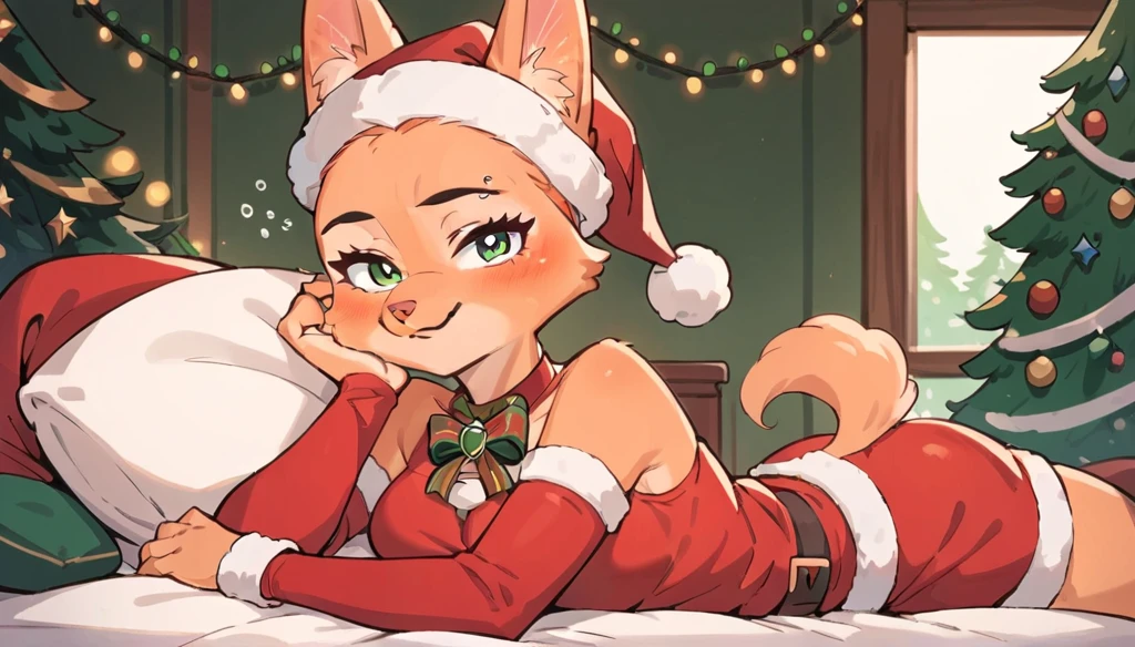 Diane Foxington, high quality, 2d, masterpiece, ginger fur, emerald eyes, santa dress, santa pants, santa hat, blush, looks at viewer, smiles, sleepy face, alone, indoors, christmas tree, lights