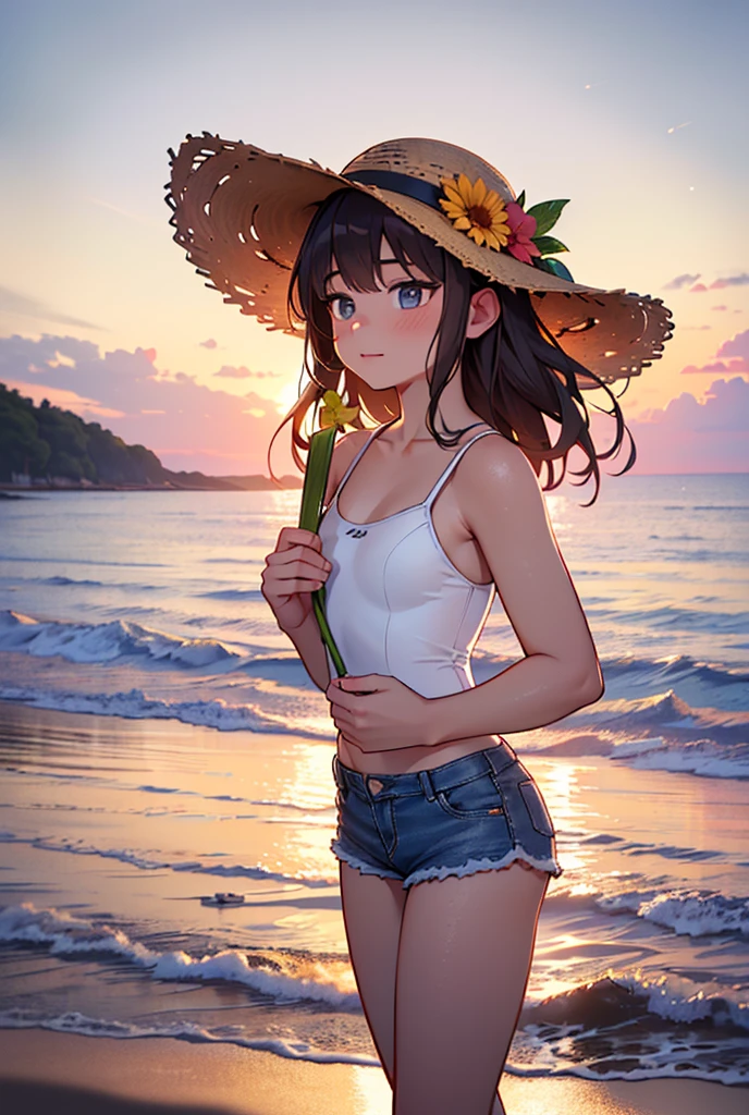 (best quality, 4k, 8k, highres, masterpiece:1.2), ultra-detailed, (realistic, photorealistic, photo-realistic:1.37), shallow_sunset, 1girl, standing, cowboy_shot, straw_hat, white swimsuit, denim shorts, holding flower, starfish, 