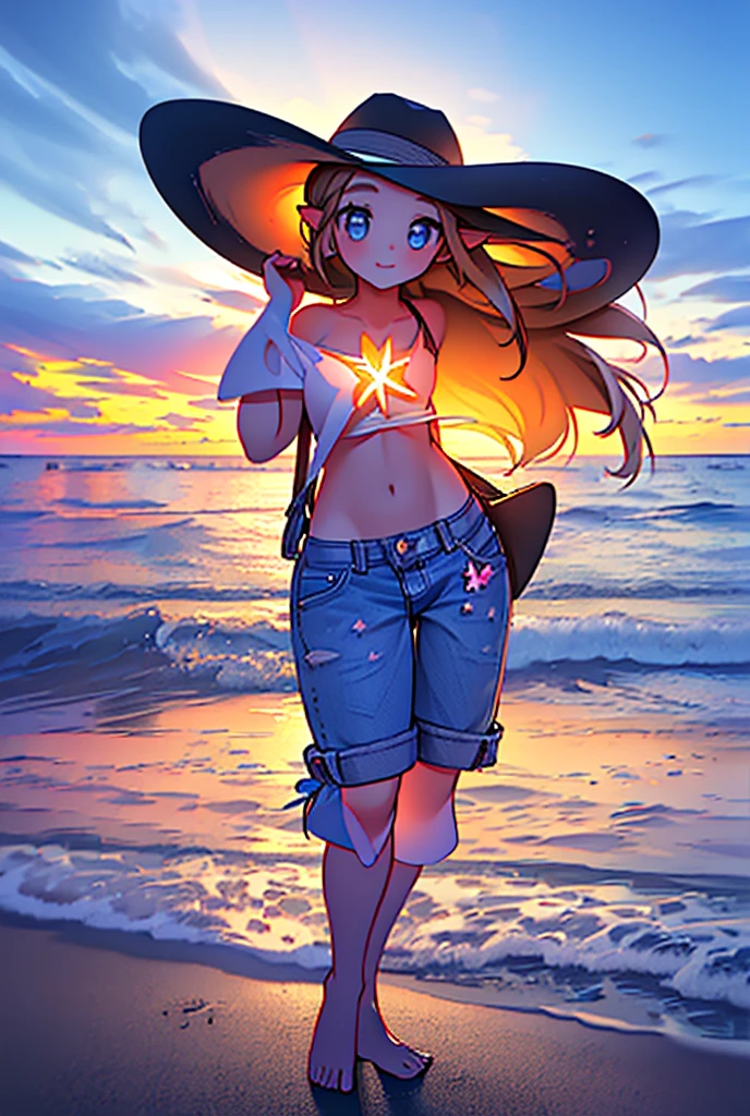 a girl standing on a beach at sunset, 1girl, cowgirl hat, white swimsuit, denim shorts, holding a flower, starfish, shallow sunset lighting, cinematic, ultra-detailed, (realistic, photorealistic, photo-realistic:1.37), (best quality,4k,8k,highres,masterpiece:1.2),ultra-detailed,vivid colors,sharp focus,physically-based rendering