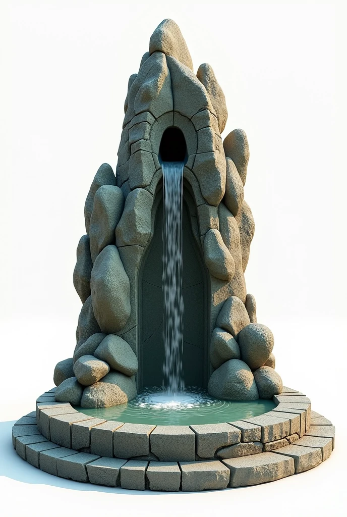 On a white background for reference 3D representation, A Celtiberian altar/natural made of a mountain of rocks and stones with a round base, base with a fountain that comes out of the top of the altar and falls down one side, the water at the base. With space for offerings. This image is a representation of a 3D rendered prop