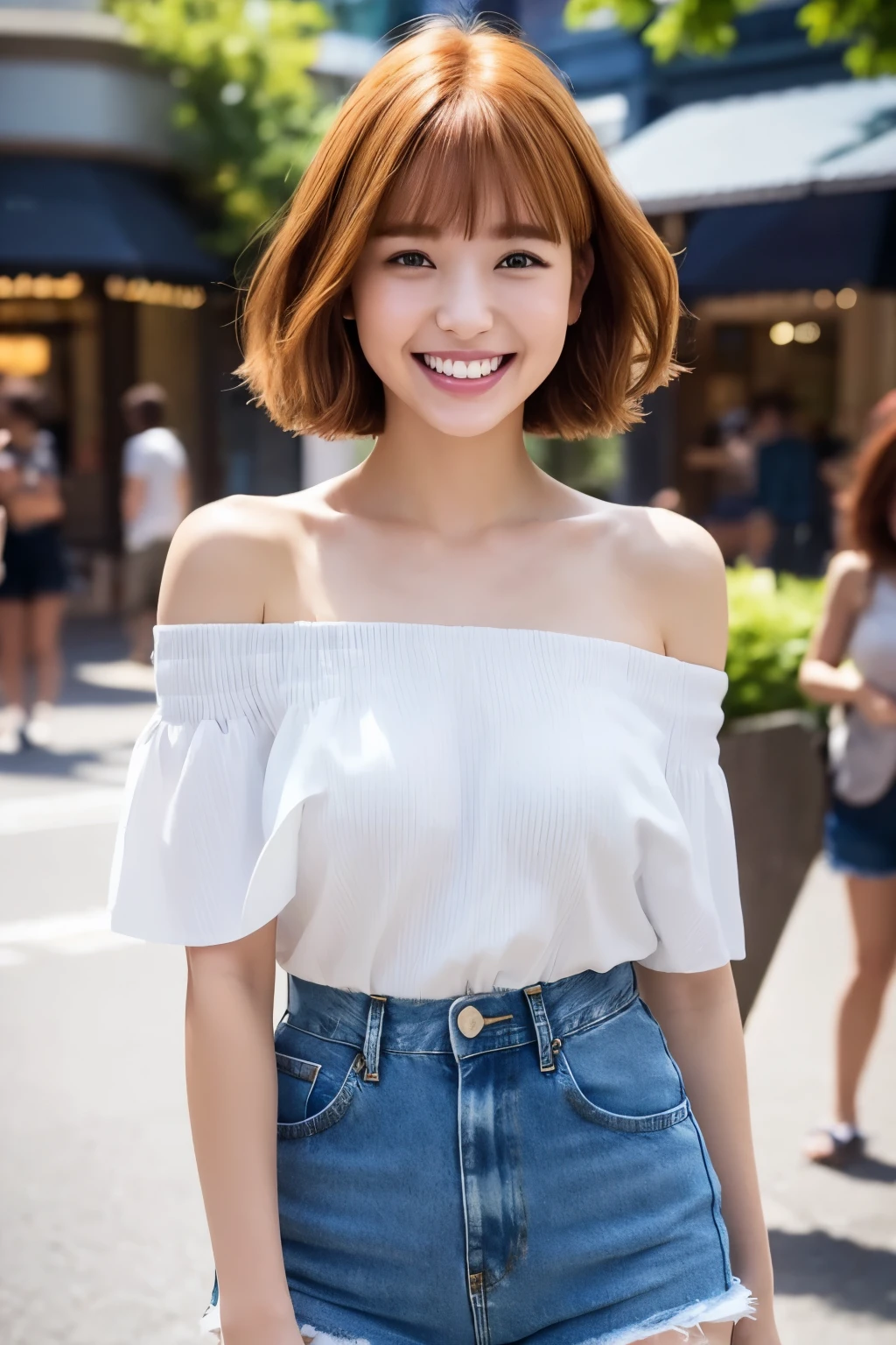 Cute Woman、Ginger Hair、short hair、With bangs、Smiling with teeth showing、ArmsWideOpen、Off-the-shoulder white shirt、Blue denim shorts、Standing in the city