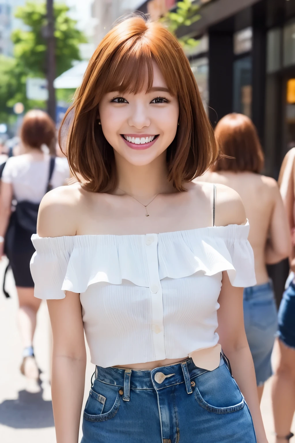 Cute Woman、Ginger Hair、short hair、With bangs、Smiling with teeth showing、ArmsWideOpen、Off-the-shoulder white shirt、Blue denim shorts、Standing in the city