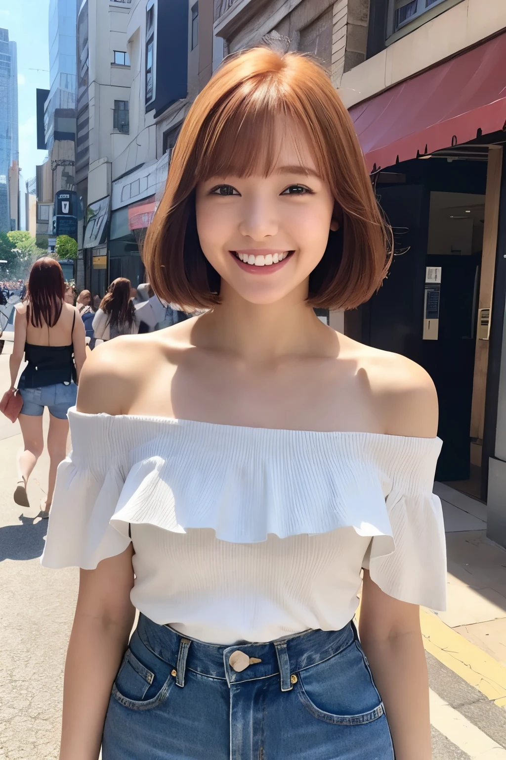 Cute Woman、Ginger Hair、short hair、With bangs、Smiling with teeth showing、ArmsWideOpen、Off-the-shoulder white shirt、Blue denim shorts、Standing in the city