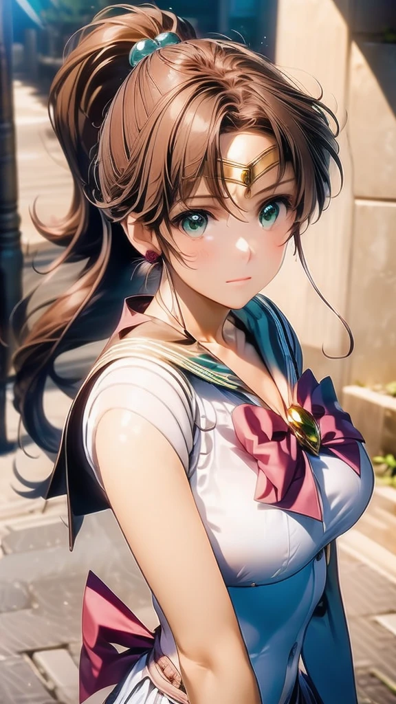 (Close-up of a woman)、((Depiction of only the upper body))、10 generations of women、Pink Lip Gloss、smile、blush、(Open the lipstick a little、High resolution、16K))、Medieval city、Perfect cosplay of Sailor Jupiter