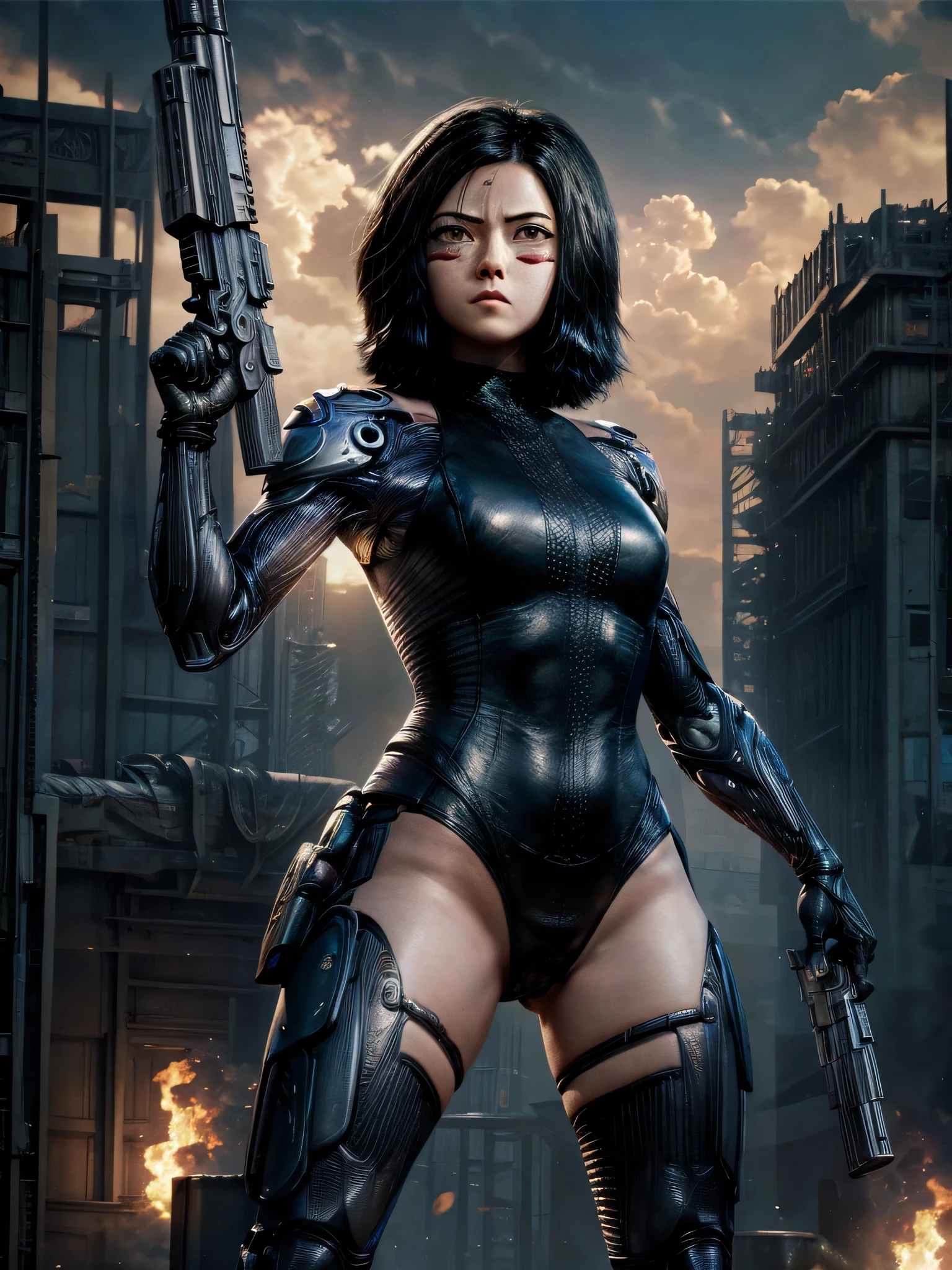 Alita, with a gun in hand, Giant Weapon, wearing a leotard, thighs showing, beautiful athletic body ,combat pose holding a futuristic weapon 