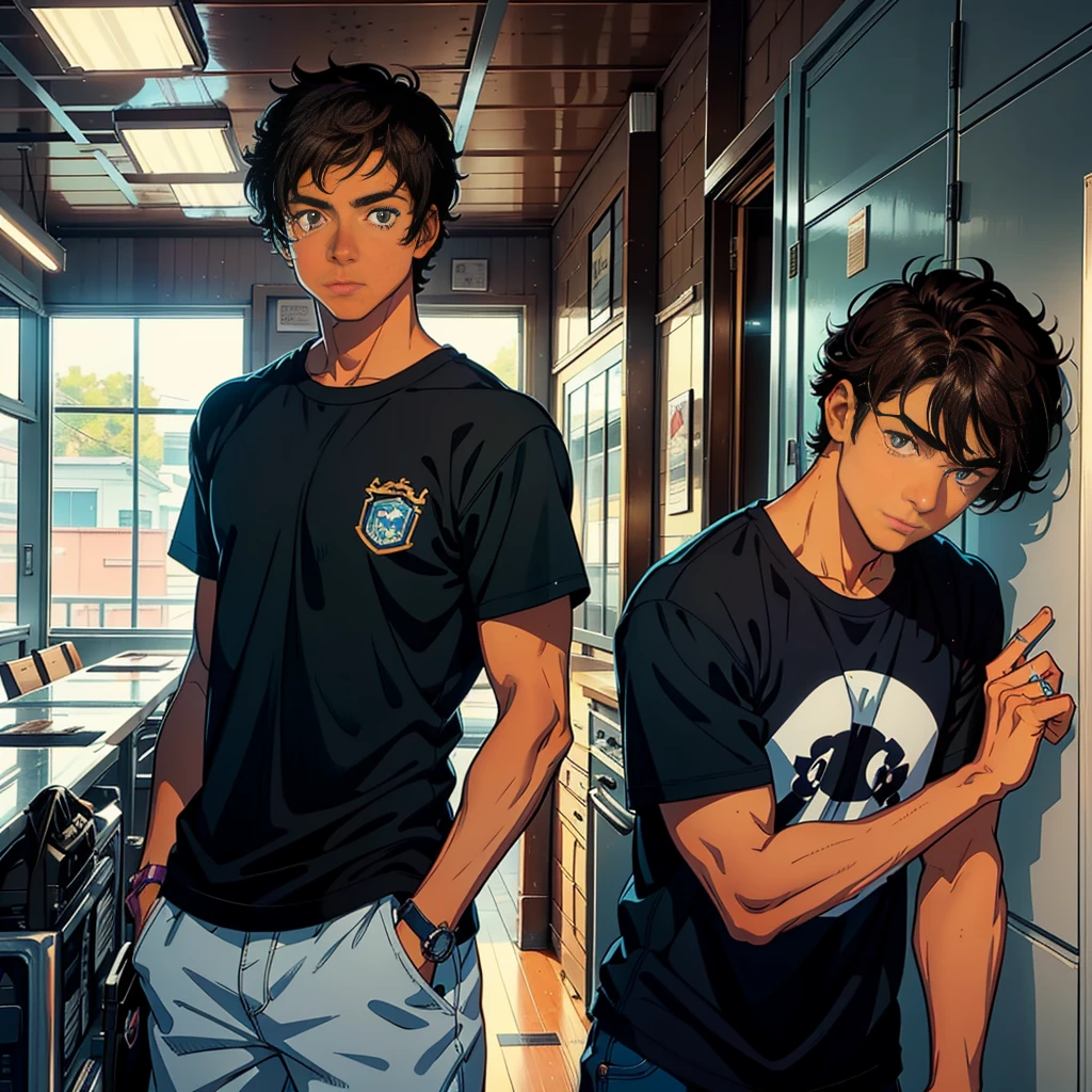  a teenage male character named Caleb Smith. he has dark skin, reflecting his mixed Brazilian and American heritage. your hair is short, slightly messy and dark brown. Caleb&#39;s eyes are light brown, full of a curious and mischievous expression. The character must appear confident. The style should mix 1980s comic book art with 1980s anime.