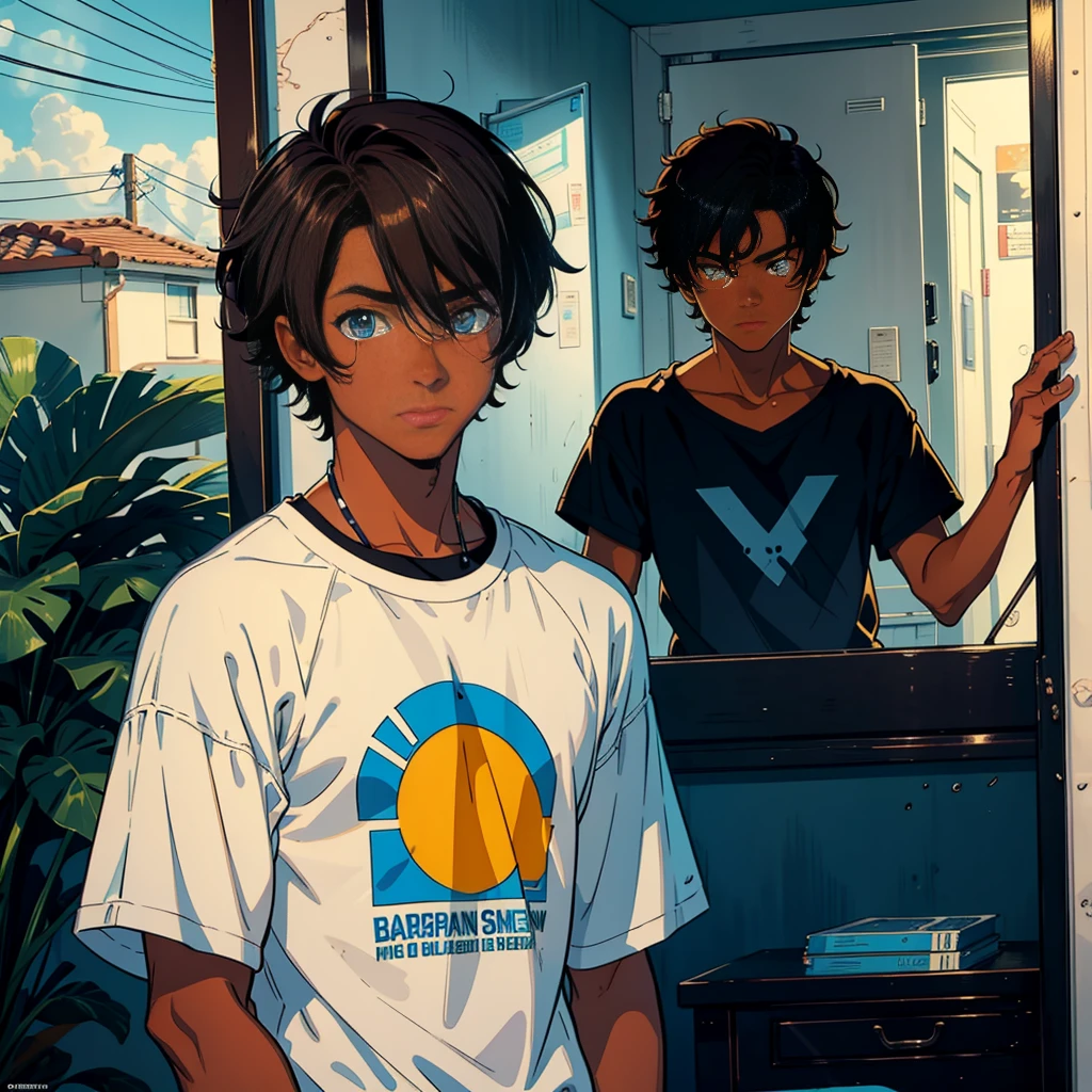  a teenage male character named Caleb Smith. he has dark skin, reflecting his mixed Brazilian and American heritage. your hair is short, slightly messy and dark brown. Caleb&#39;s eyes are light brown, full of a curious and mischievous expression. The character must appear confident. The style should mix 1980s comic book art with 1980s anime.