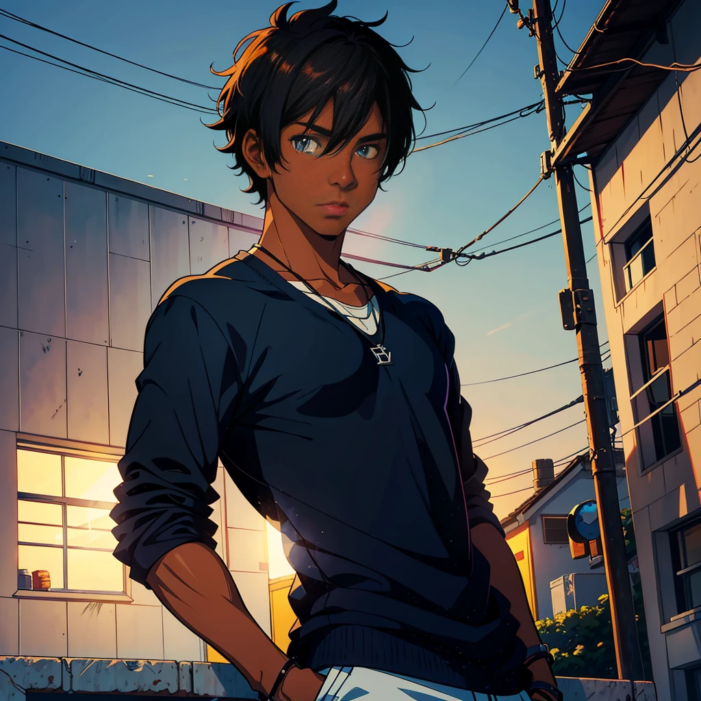  a teenage male character named Caleb Smith. he has dark skin, reflecting his mixed Brazilian and American heritage. your hair is short, slightly messy and dark brown. Caleb&#39;s eyes are light brown, full of a curious and mischievous expression. The character must appear confident. The style should mix 1980s comic book art with 1980s anime.