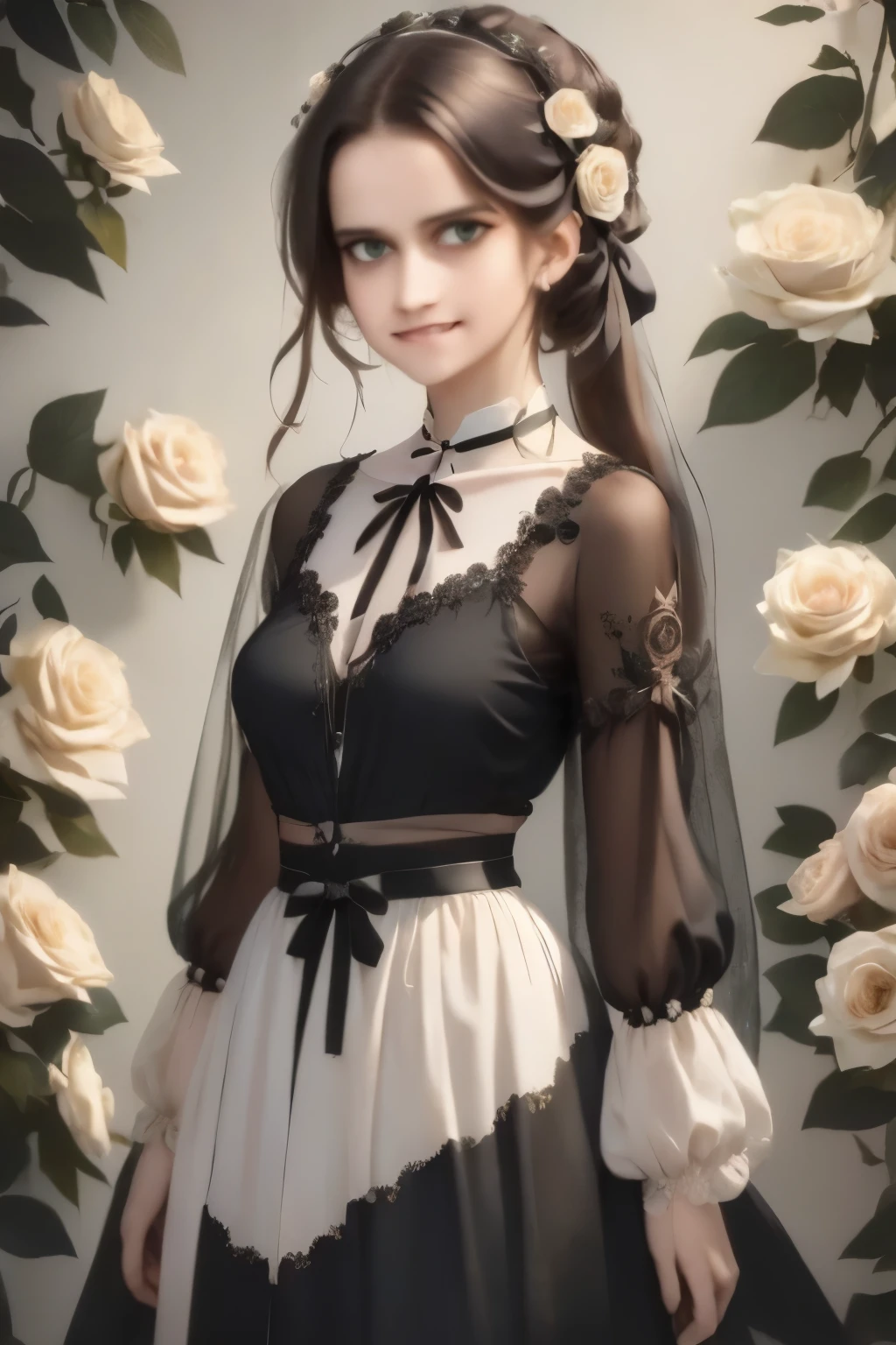 ((masterpiece, best quality)),best aesthetic,1girl, solo, long hair, black dress, flower, ribbon, black background, black hair, rose, hair ribbon, green eyes, long sleeves, white rose, closed mouth, black ribbon, upper body, cinematic lighting