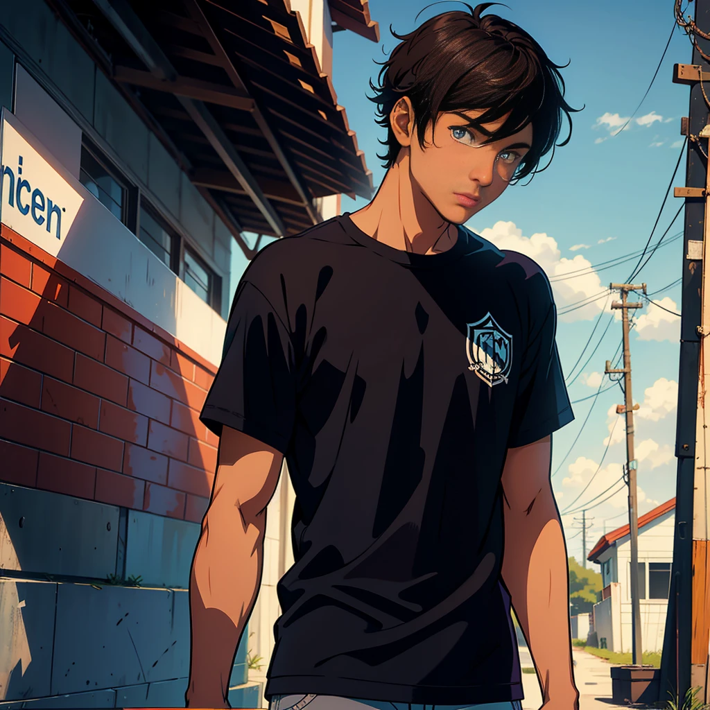  a teenage male character named Caleb Smith. he has dark skin, reflecting his mixed Brazilian and American heritage. your hair is short, slightly messy and dark brown. Caleb&#39;s eyes are light brown, full of a curious and mischievous expression. The character must appear confident. The style should mix 1980s comic book art with 1980s anime. blank background