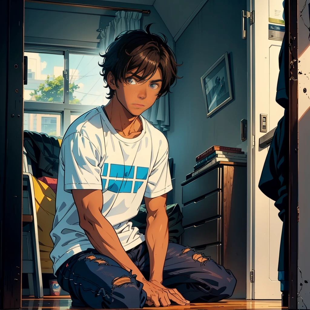  a teenage male character named Caleb Smith. he has dark skin, reflecting his mixed Brazilian and American heritage. your hair is short, slightly messy and dark brown. Caleb&#39;s eyes are light brown, full of a curious and mischievous expression. The character must appear confident. The style should mix 1980s comic book art with 1980s anime. blank background