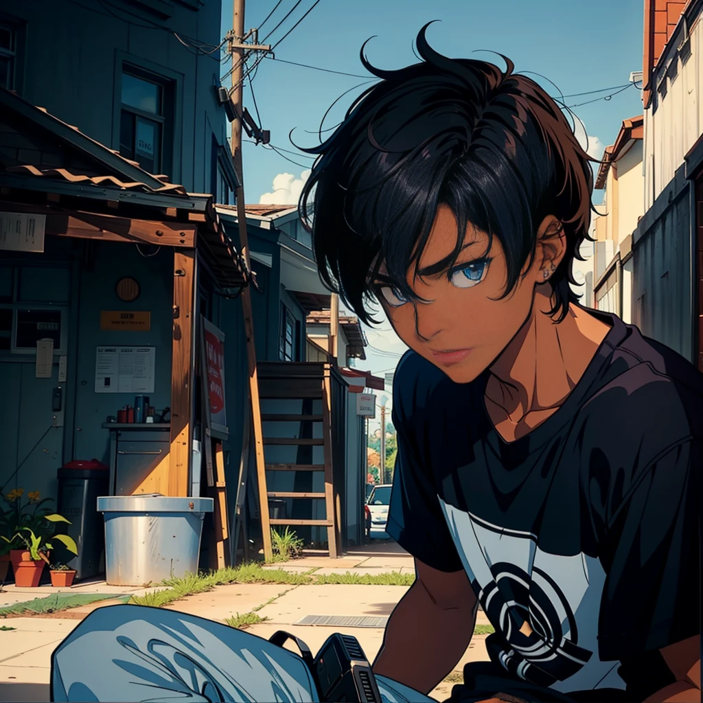  a teenage male character named Caleb Smith. he has dark skin, reflecting his mixed Brazilian and American heritage. your hair is short, slightly messy and dark brown. Caleb&#39;s eyes are light brown, full of a curious and mischievous expression. The character must appear confident. The style should mix 1980s comic book art with 1980s anime. blank background