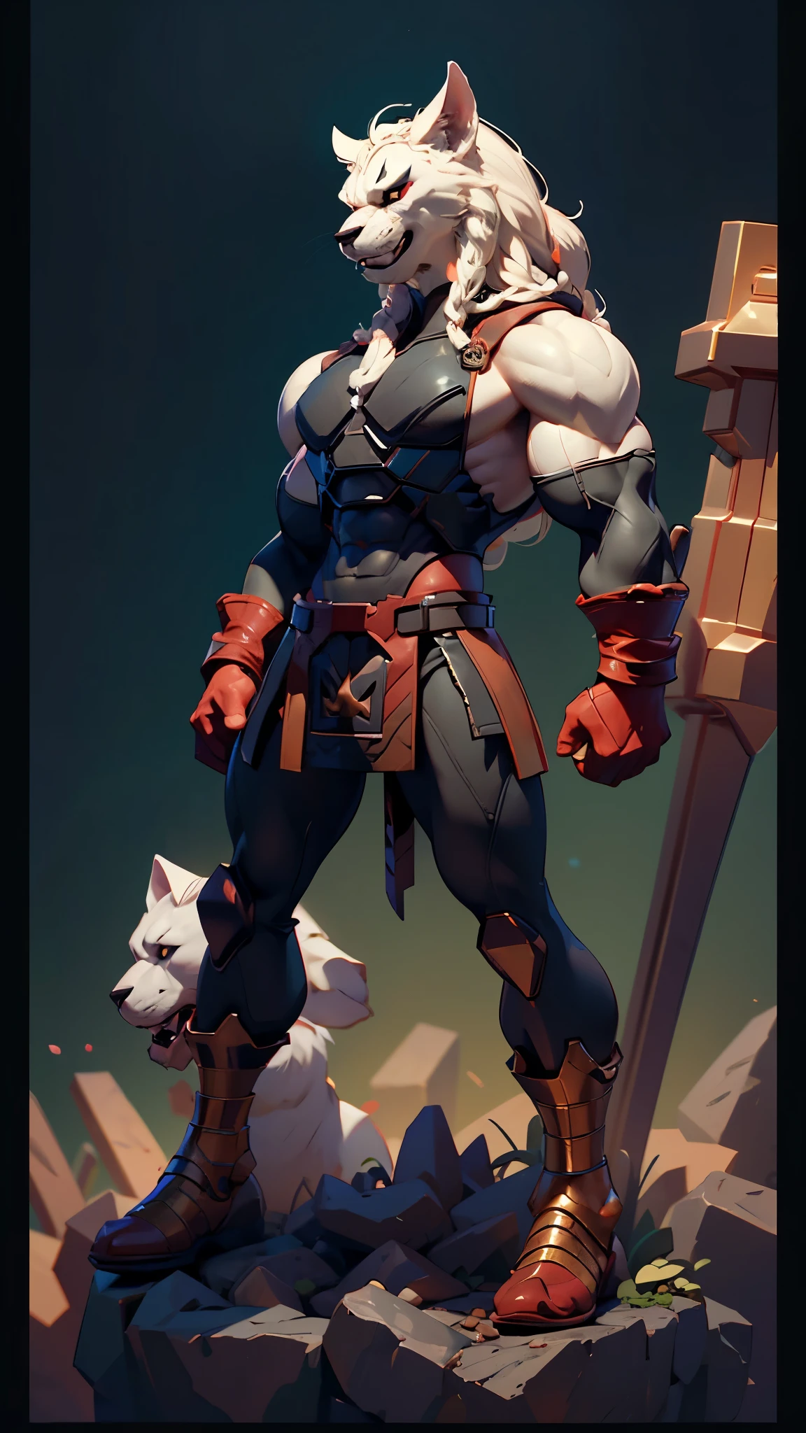 envision a 8k, highres, cinematic, detailed, semi realistic full body pinup of the Battle Beast, in dark lighting, against a dark background