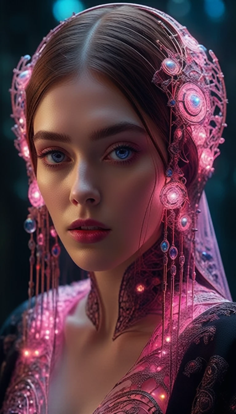 (masterpiece, top quality, best quality, official art, ugly and aesthetic:1.2), (1girl:1.3), monster girl(fractal art:1.3), extremely detailed girl, intricate fractal patterns, volumetric lighting, cinematic lighting, octane render, 8k, high resolution, award winning, digital art, surreal, psychedelic, kaleidoscopic, mesmerizing, hypnotic, vivid colors, vibrant colors, glowing, ethereal, mystical, fantasy, dreamlike, mind bending, dark side, cinematic portrait,cinematic photography,Brown Hair, Very Long Hair, Large breasts, Pink Eyes, Makeup, Disgust, Multiple Views, Film Grain, Cinematic Lighting, Glowing Light, Overexposure, Bokeh, 8K Octane, Ghibli-like Colors, Gothic Art, Hyperrealism, Glass Morphism, Genre Painting, Fujicolor, Futurism, Realism, Surrealism, Unreal Engine, Timeless Modern, High Resolution, High Resolution, Best Quality, Award Winning, Masterpiece, 